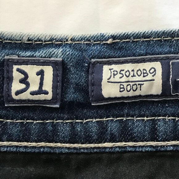 Miss Me Bootcut Jeans Women 31 Blue Low Rise Rhinestone Flap Pocket Thick Stitch - Picture 5 of 16